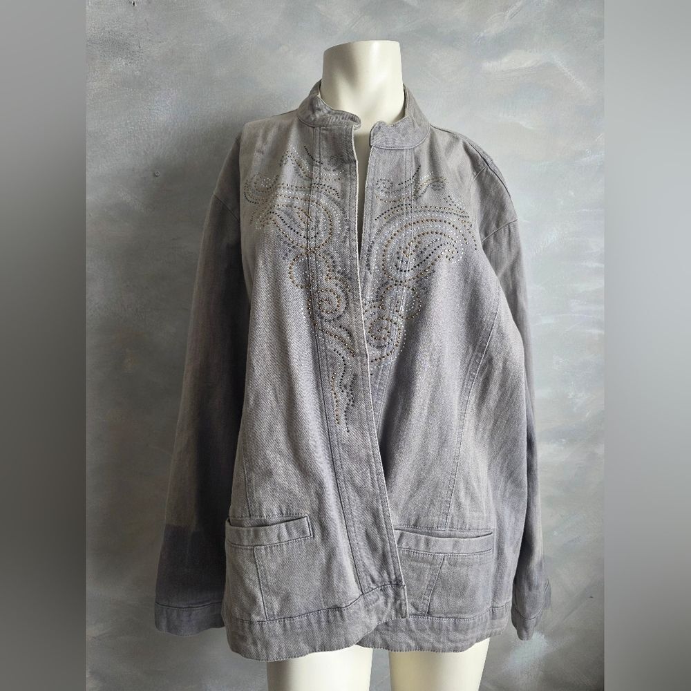 Draper And Damons Bejeweled Gray Faded Denim Jacket 3X Womens Cotton Long